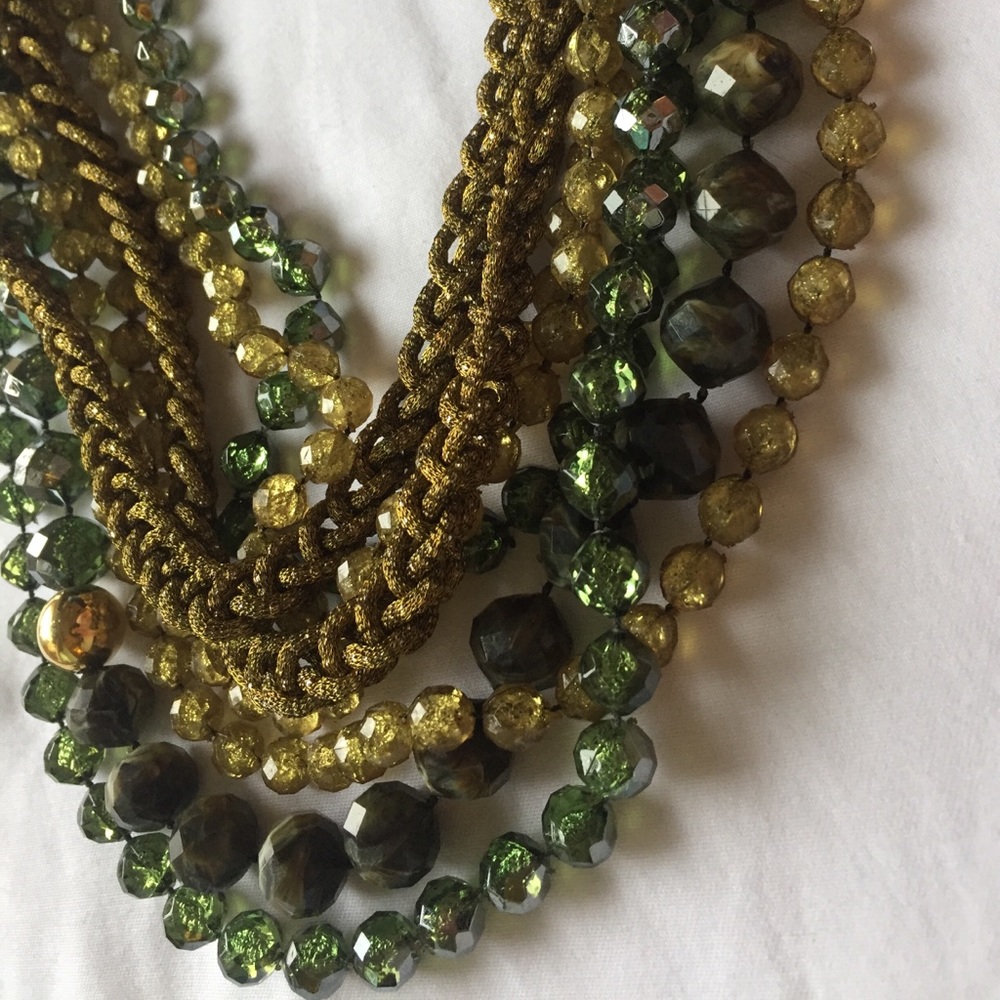 Beaded multi-strand green/gold statement necklace